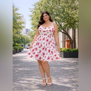 Torrid Size 20 White Floral Dress Ruffle Neck Fit & Flare Spring Summer
